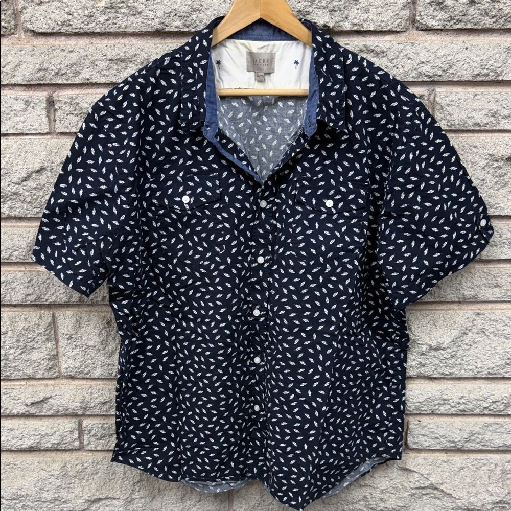 Jachs Navy Leaf Print Casual Shirt